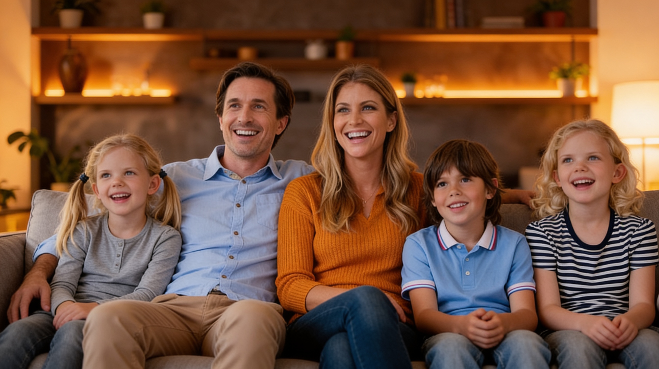 Zdjęcie rodziny siedzącej na kanapie